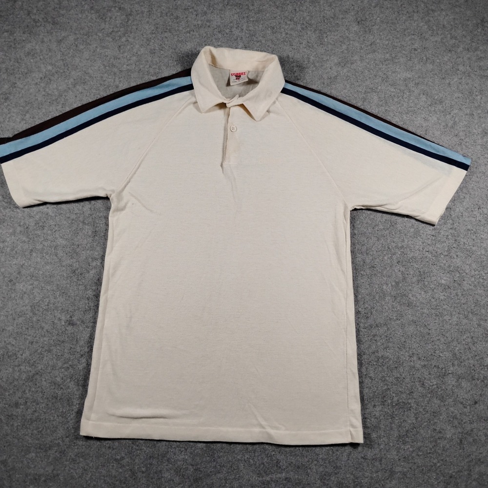 Vintage Stubbies Polo Shirt Men's Size Medium Cream Retro Shoulder Stripe